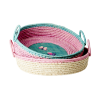 Round Raffia Bread Basket Embroidered Butterflies Rice DK
